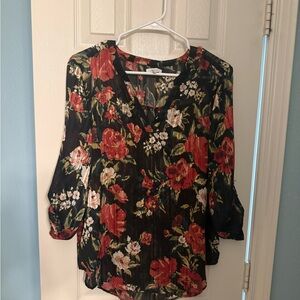 Maurices Black Floral V-Neck Blouse with Red and Cream Blooms